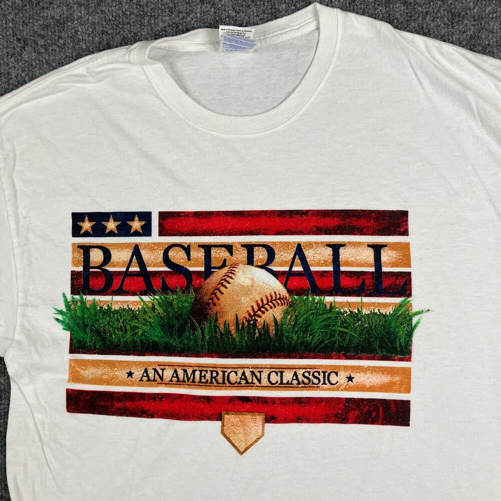 Gildan T-Shirt Mens L White Baseball Graphic USA Flag Patriotic American Classic